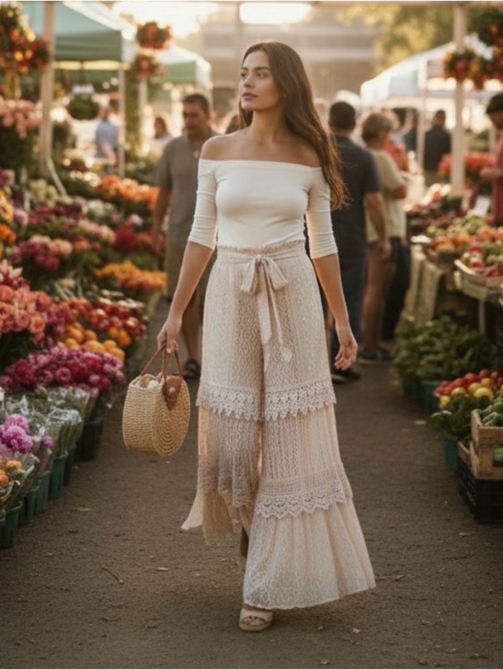 Young Threads Stretchy Waist Tiered Lace Wide Leg Pants - Picture 3 of 7